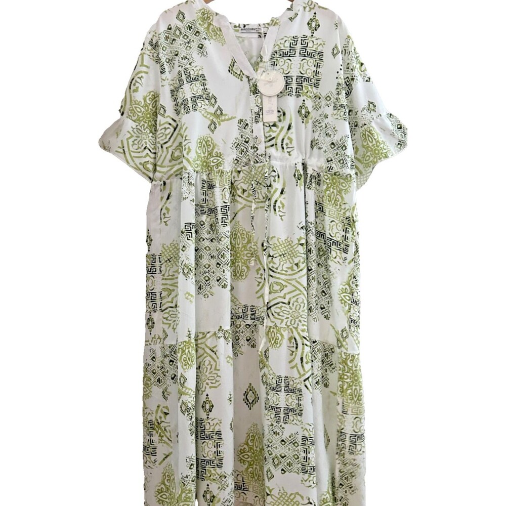 Womens White Cotton MidiDress XL/ 2XL Print LoungeDress HouseDress Boho Bust 49"